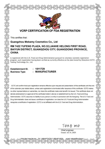 China Guangzhou Mebamy Cosmetics Co., Ltd Zertifizierungen